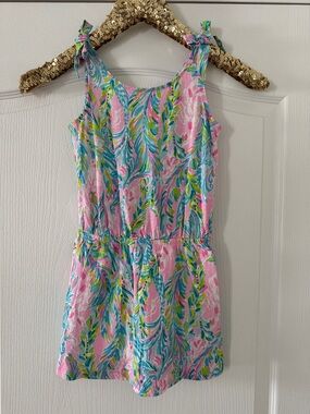 Girls Pink Tropical Print Tie-Strap Romper